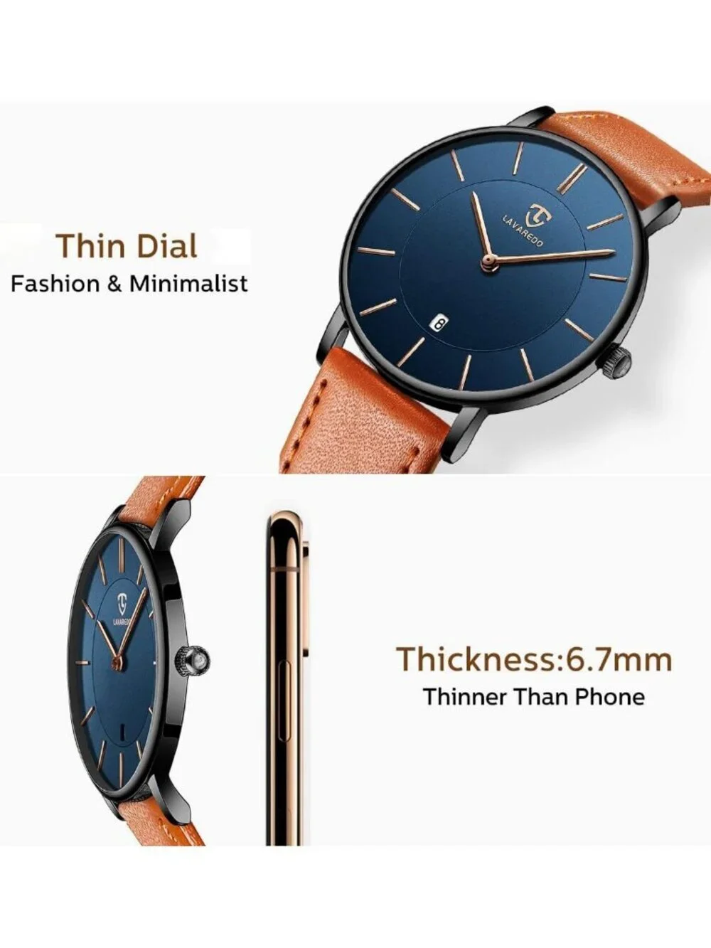 Men's Orange Blue Leather Strap Analog Minimalist Fashion Simple Wrist Watch